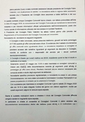 La lettera dei consiglieri per chiedere il rinvio della seduta di domani 