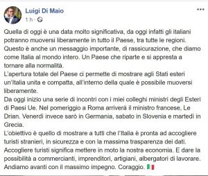 Il post di Luigi Di Maio sulle riaperture del 3 giugno
