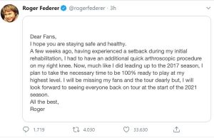 Il Tweet in cui Roger Federer annuncia il ritorno in campo nel 2021