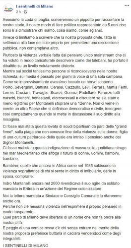 Il post Facebook de I Sentinelli di Milano che chiedevano la rimozione della statua di Montanelli