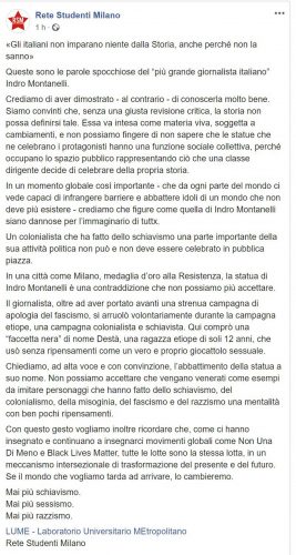 Rete studenti di Milano e Lume rivendicano l'imbrattamento della statua di Montanelli con un post Facebook