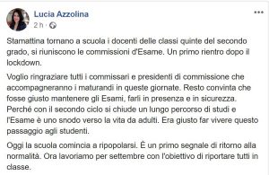 Il post della ministra Azzolina sull'esame di maturità