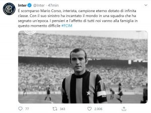 Il tweet dell'Inter sulla morte di Mario Corso