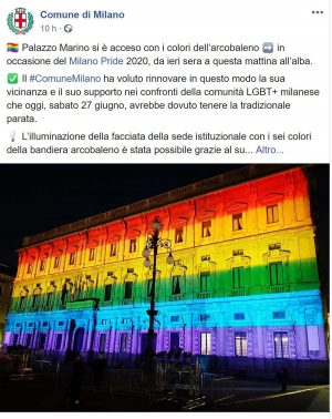 Il post della pagina Facebook del comune di Milano sull'illuminazione di palazzo Marino