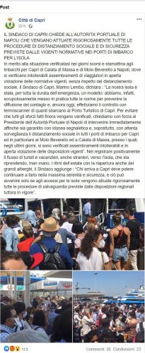 Il post Facebook del comune di Capri che denuncia file e assembramenti