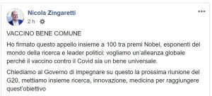 Il post Facebook di Nicola Zingaretti affinché il vaccino anti-Covid sia un bene comune