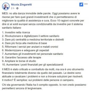 Il post di Nicola Zingaretti in cui spiega il suo punto di vista sul Mes