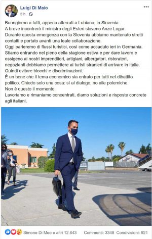 Il post di Luigi Di Maio sull'incontro con il ministro degli Esteri sloveno Anze Logar