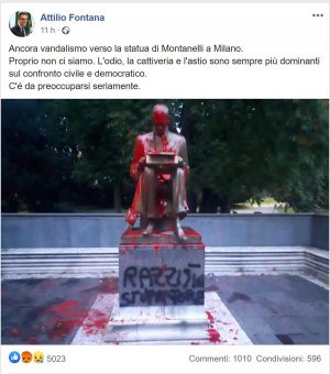 Milano - Il post di Attilio Fontana sulla statua di Montanelli imbrattata