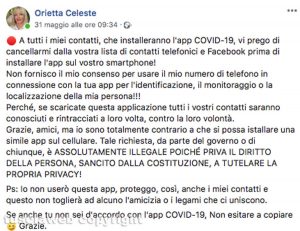 Il post sulla app immuni della vicce sindaca Orietta Celeste