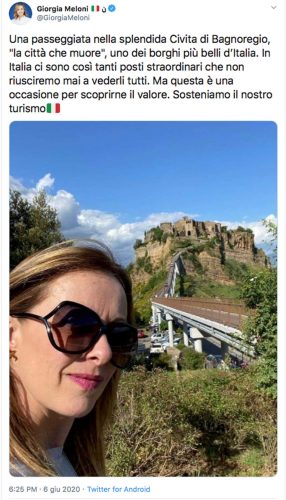 Il tweet di Giorgia Meloni a Civita di Bagnoregio