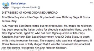 L'omicidio di Orte riportato da giornali e social in Nigeria