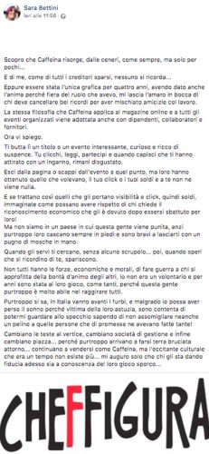 Il post Facebook di Sara Bettini contro Caffeina