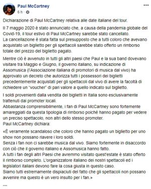 Il post di Paul McCartney contro i voucher del governo italiano