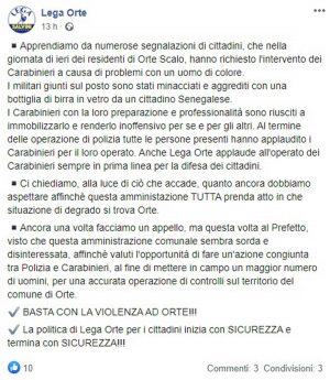 Orte - Il post della Lega sull'aggressione ai carabinieri a Orte Scalo
