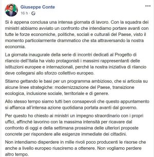 Il post del presidente del consiglio Conte sulla prima giornata degli Stati generali