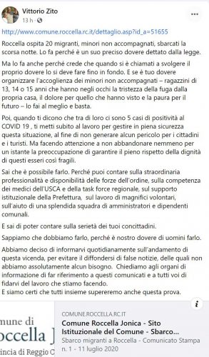 Roccella Jonica - Il post del sindaco sullo sbarco dei migranti di cui alcuni positivi al Coronavirus