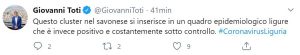 Il Tweet del governatore della Liguria Toti su 18 nuovi casi di Coronavirus registrati nel Savonese