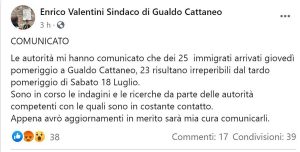 Il post di Enrico Valentini, sindaco di Gualdo Cattaneo,