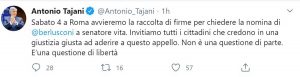 Il Tweet con cui Antonio Tajani chiede la raccolta firme per Berlusconi come senatore a vita