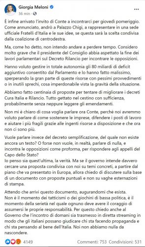 Il post di Giorgia Meloni che annuncia l'incontro con Giuseppe Conte