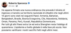 L'ordinanza del ministro Speranza