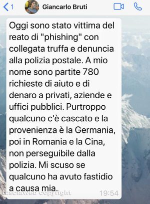 Il messaggio inviato da Giancarlo Bruti agli amici coinvolti nella truffaIl messaggio inviato da Giancarlo Bruti agli amici coinvolti nella truffa