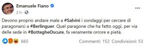Il post Facebook di Emanuele Fiano sul paragone tra la Lega di Salvini e il Pci di Berlinguer