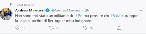 Il Tweet di Andrea Marcucci sul paragone tra la Lega di Salvini e il Pci di Berlinguer