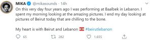 Il Tweet del cantante Mika dopo le due esplosioni a Beirut