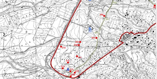 La mappa delle tracce archeologiche in zona Paliano utilizzata dal Mibact per il vincolo del 2019 - Ai punti 204 e 205 i ruderi delle terme di Paliano
