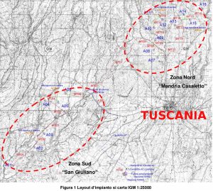 Tuscania - La mappa del progetto delle 16 pale eoliche