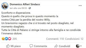 Il post del sindaco di Paliano, Domenico Alfieri, sulla morta di Willy Monteiro Duarte