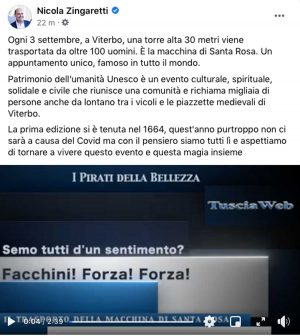 Macchina di Santa Rosa, il post di Nicola Zingaretti