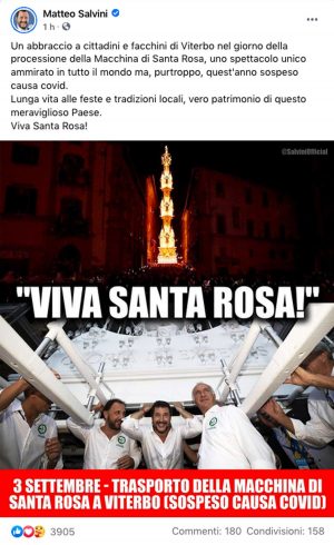 Il post di Salvini (Lega) sulla macchina di Santa Rosa