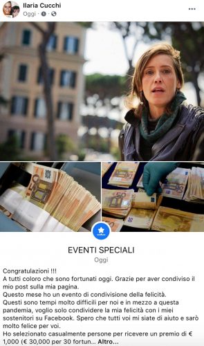 Uno dei post della falsa pagina Facebook di Ilaria Cucchi