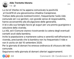 Il post del sindaco Aldo Moneta 