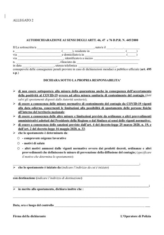 Coronavirus - Coprifuoco nel Lazio - L'autodichiarazione
