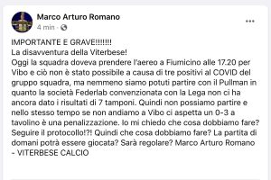 Il post su Facebook del presidente della Viterbese, Marco Romano