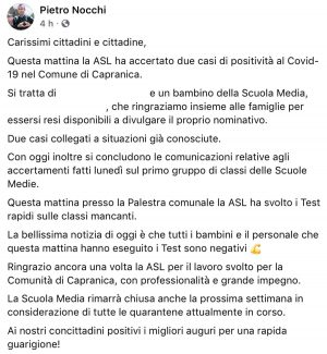 Capranica - Il post del sindaco Pietro Nocchi