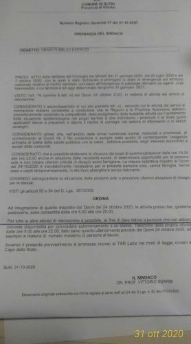 Sutri - L'ordinanza del sindaco Sgarbi in data 31 ottobre
