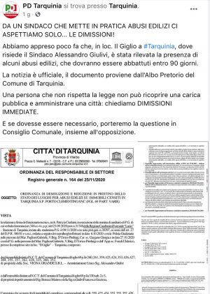 Il post sul profilo del Pd di Tarquinia