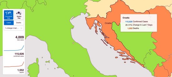 I dati Covid-19 in Croazia diffusi dall’Organizzazione mondiale della sanità