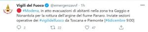 Il Tweet dei vigili del fuoco sull'esondazione del fiume Panaro