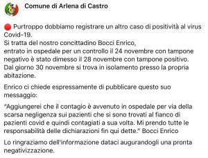 Coronavirus - Il post Facebook pubblicato dal comune di Arlena di Castro