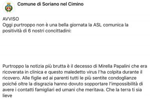 Coronavirus - Il post del comune di Soriano nel Cimino sul decesso di Mirella Papalini