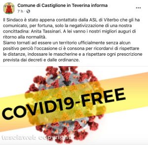 Castiglione in Teverina - Il post del sindaco che annuncia che il comune è Covid free
