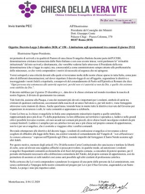 Montefiascone - La lettera della chiesa evangelica al presidente del Consiglio