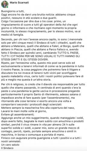 Fabrica di Roma - Il post Facebook del sindaco Mario Scarnati: "Il Coronavirus è colpa del diavolo"