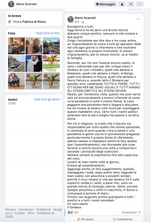 Fabrica di Roma - Il post Facebook del sindaco Mario Scarnati: "Il Coronavirus è colpa del diavolo"